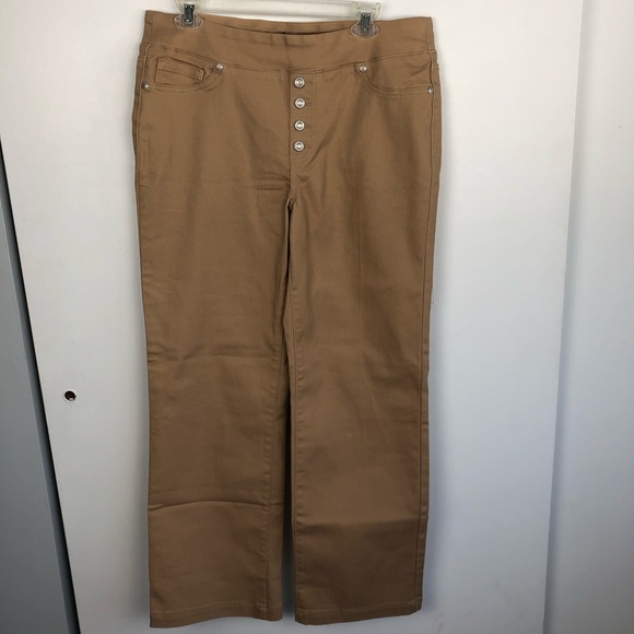 DG2 by Diane Gilman Pants - DG2 Stretch pull on Faux Button Front Wide-Leg Trouser Jeans Petite Large Tan